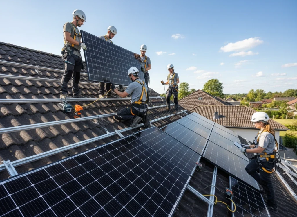 équipe qui installe des panneaux photovoltaïques sur le toit d'une maison