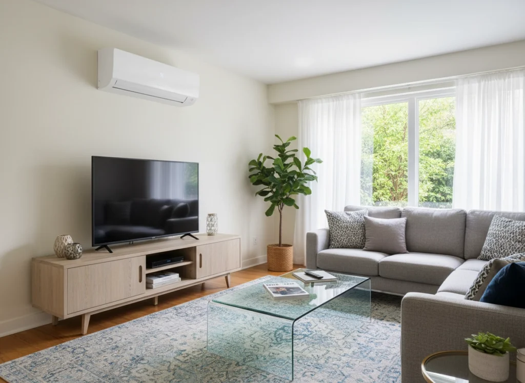 climatisation réversible dans le salon de la maison par TST Énergie dans le Var