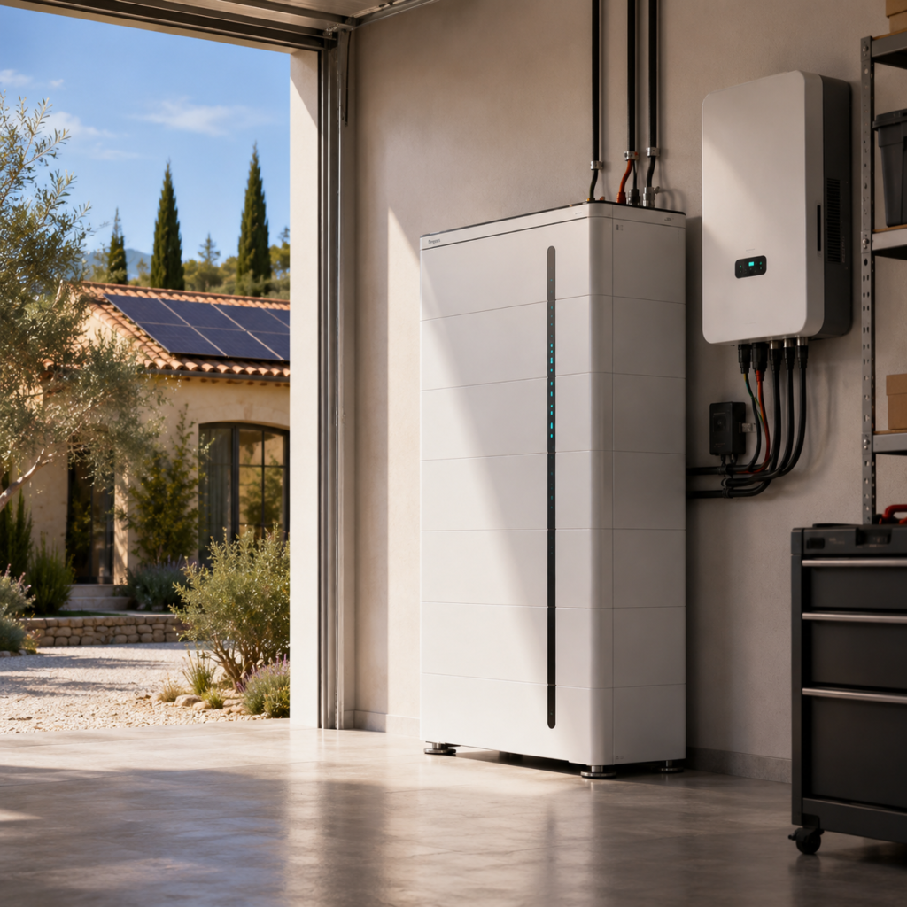 Batterie de stockage lithium-ion et onduleur installés dans un garage, maison provençale équipée de panneaux solaires