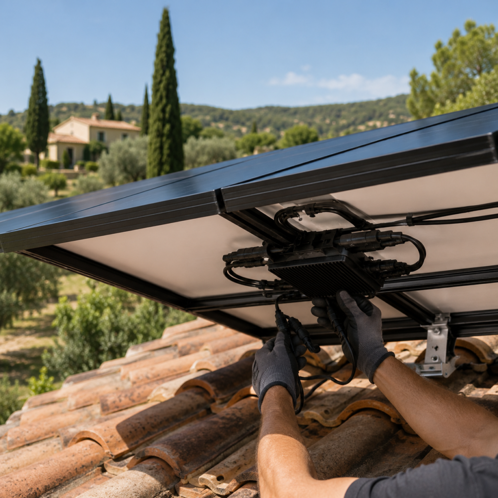 Micro-onduleur raccordé sous un panneau photovoltaïque sur une toiture en tuiles canal