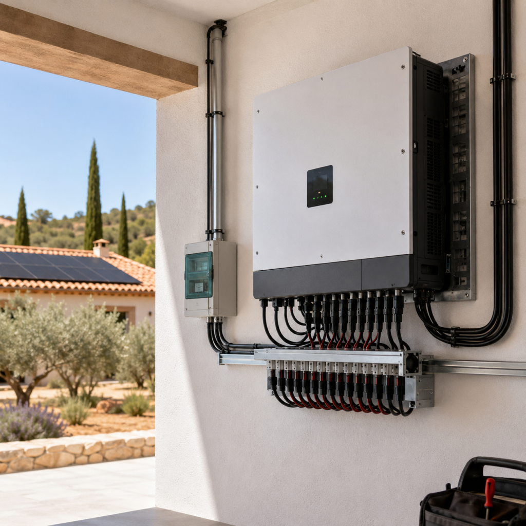 Onduleur central photovoltaïque installé sur un mur extérieur abrité