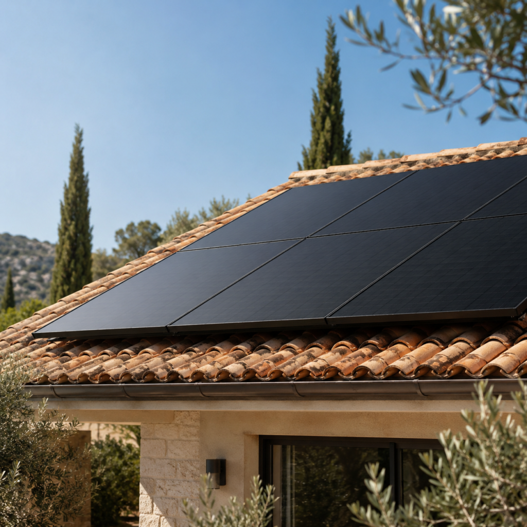 Panneaux solaires photovoltaïques full black posés en surimposition sur une toiture en tuiles canal